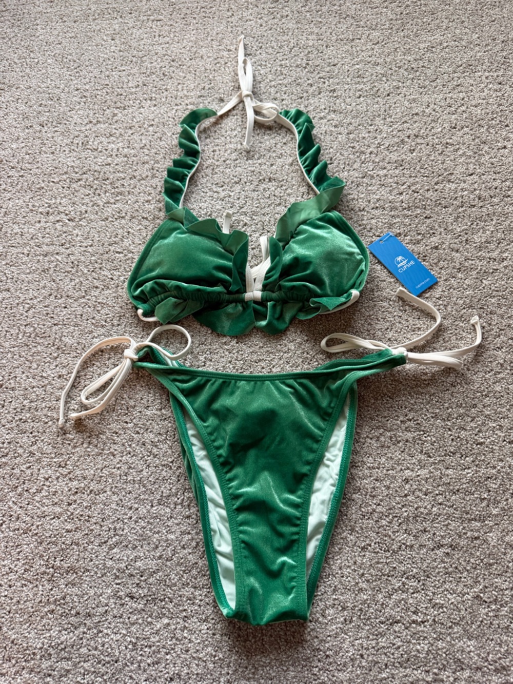 Cupshe Emerald Green Ruffle Halter Bikini with Cream Ties